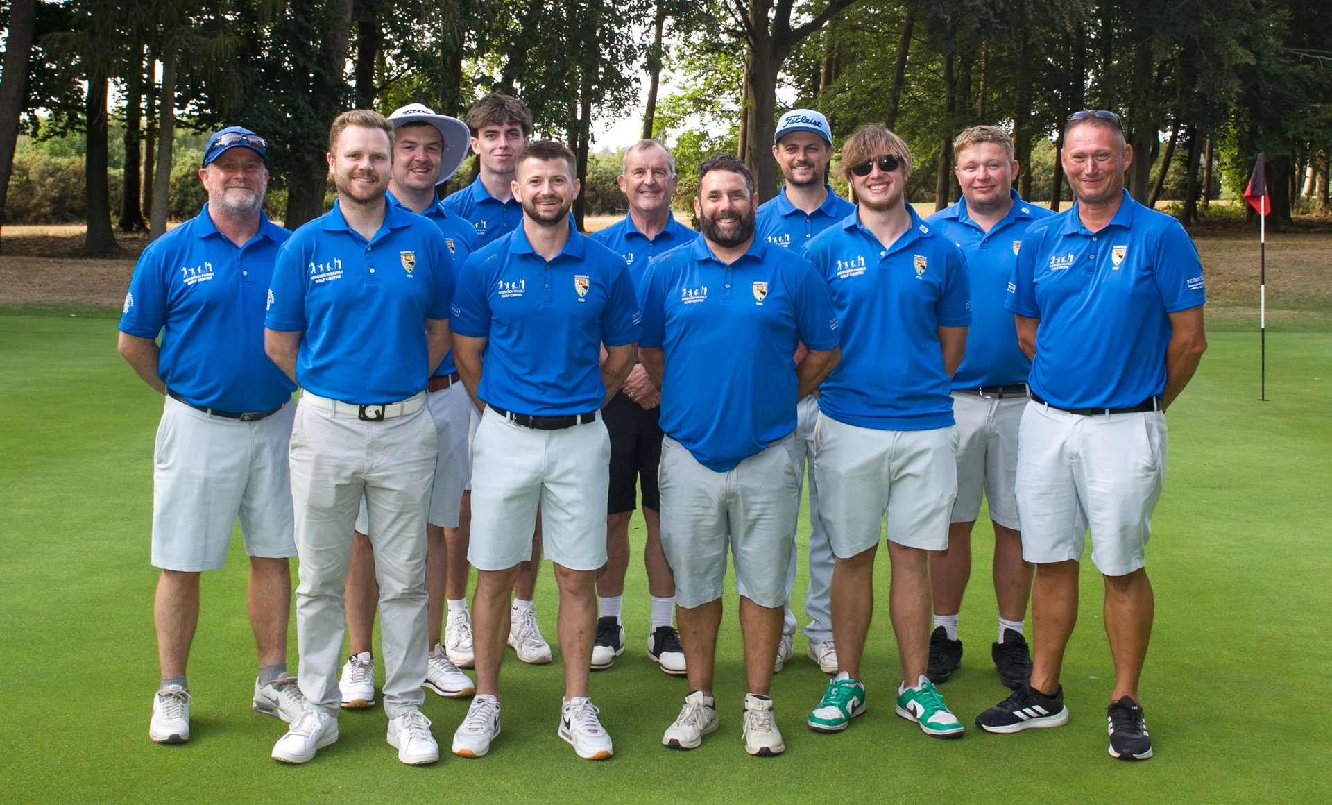 The victorious Norfolk 1st team at Swaffham Golf Club: Back row (l-to-r) Carl Green (joint team manager), Ed Dimambro, Quin Monaghan, Stuart Goodman (Norfolk County Golf Union president), Jonny Spinks, Matt Strudwick; front row: Ben Rawsthorne, George Morris, Scott Wright, Sean Rafferty, Simon Clark (joint team manager)